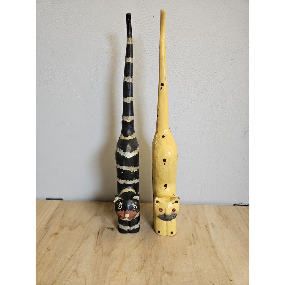 Folk Art Wood Cat Figurines Set of 2 Tall Hand Painted Whimsical Cats 13"